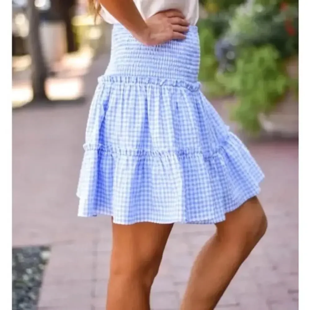 J. Marie Women's Blue White Check Gingham The Dorthy Linen Skirt Medium - Picture 2 of 8